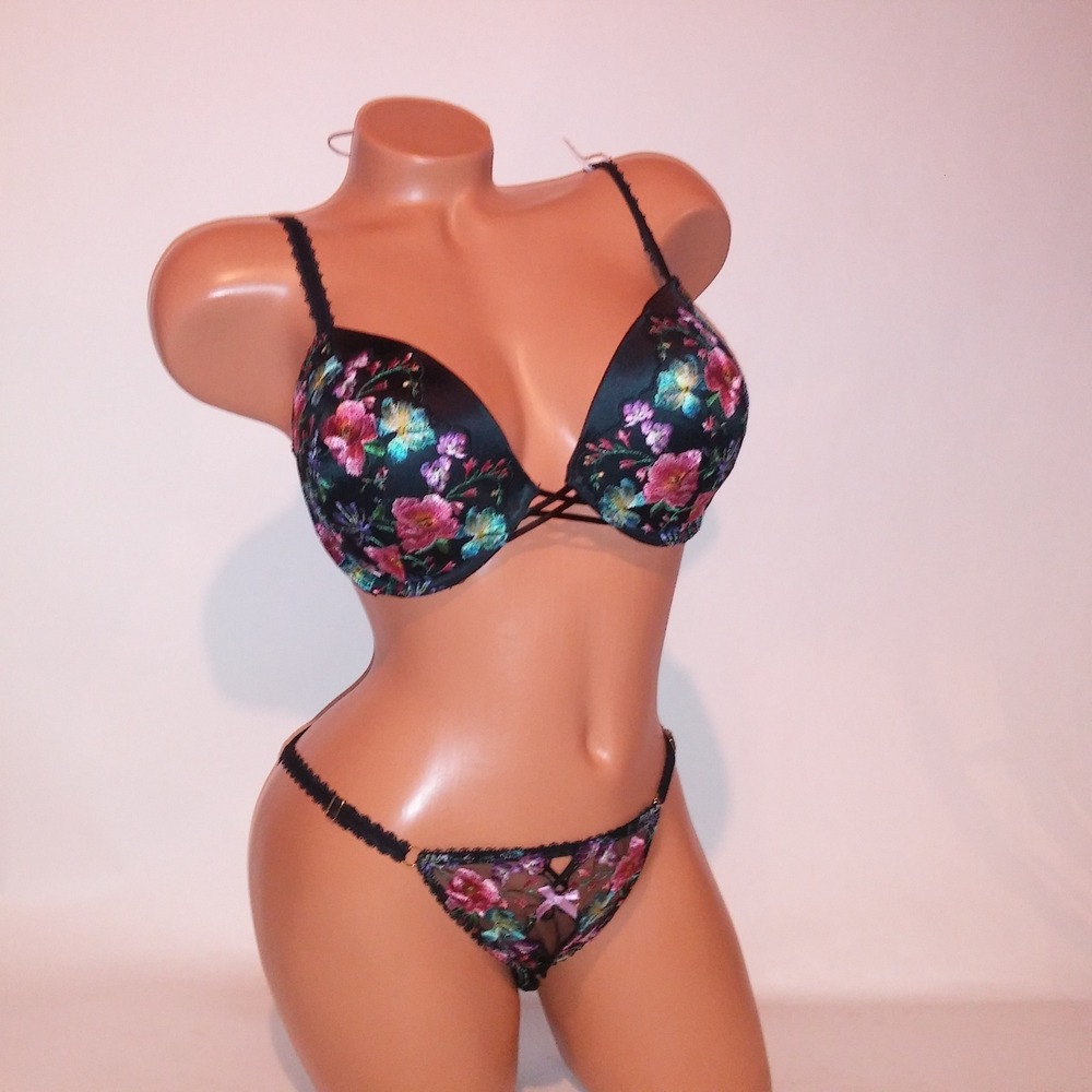 Victoria Secret Bra Set 36D Push Up Large Panty Black Floral Embroidered New